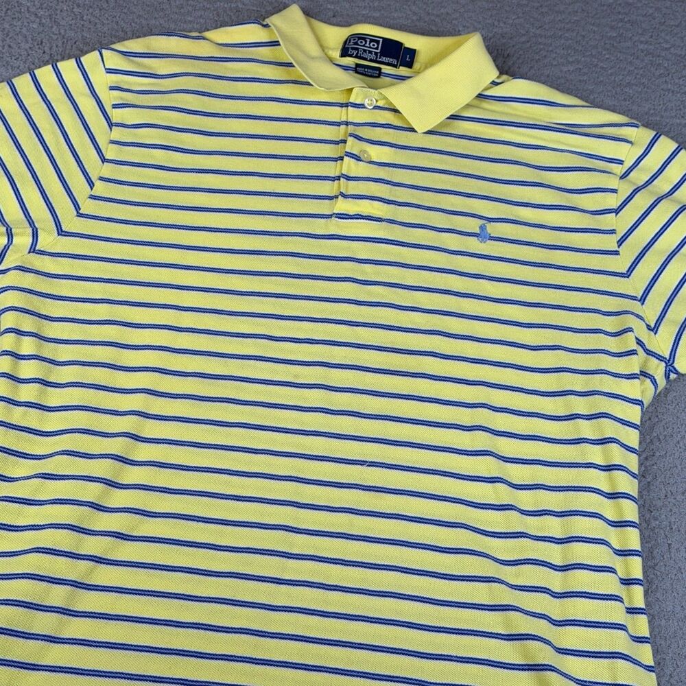 POLO RALPH LAUREN Shirt Men Large Blue Yellow Short Sleeve Classic Fit Blue Pony